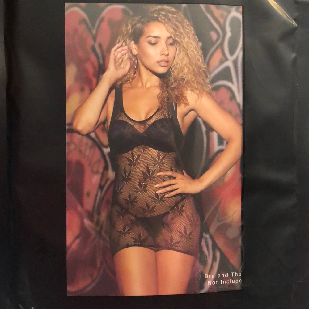 Fishnet chemise with all over leaf pattern black S M